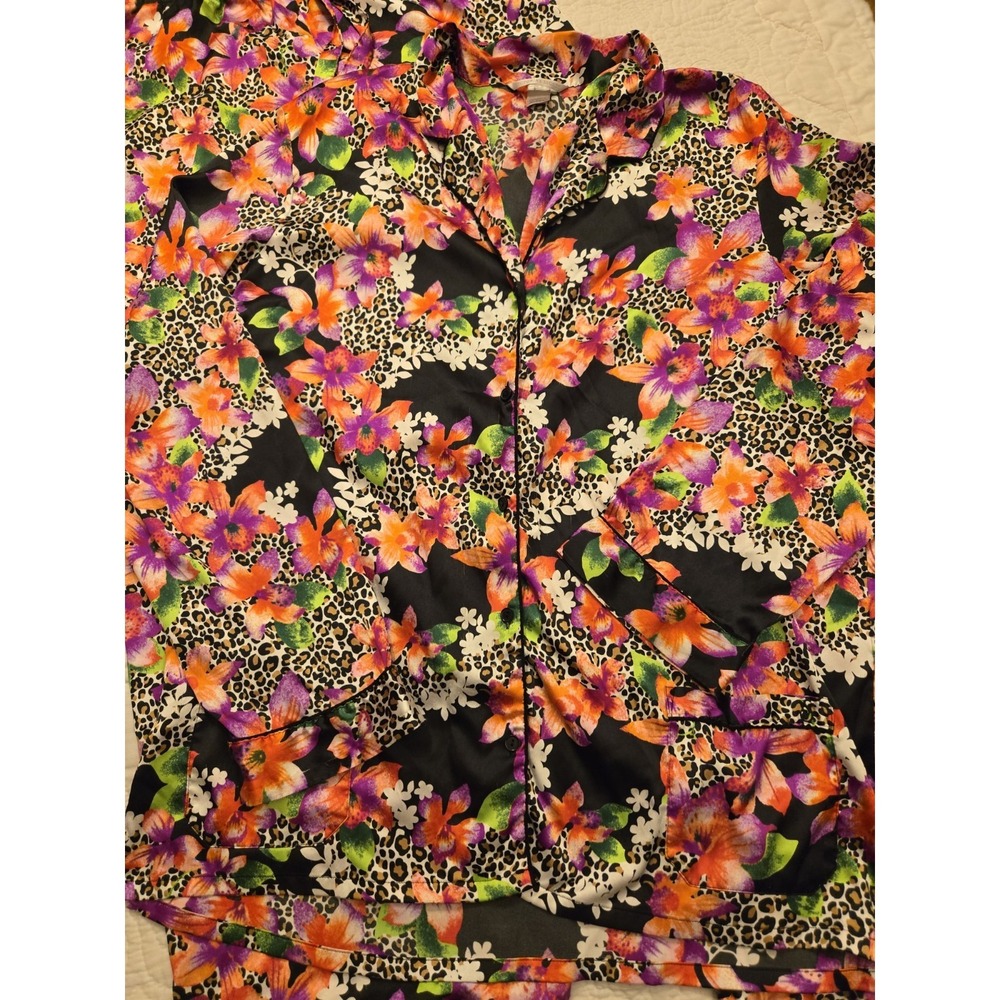 Victoria's Secret Satin Pajama Set XL Leopard Print Orchid Floral Long Sleeve VS